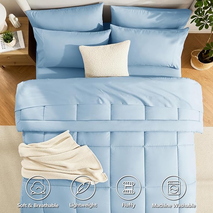 CozyLux Queen Comforter Set Baby Blue, 7 Pieces Bed in a Bag, All Season - Image 2