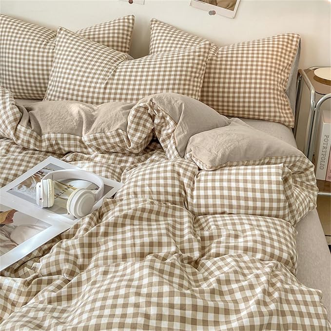 Nayoroom Gingham Duvet Cover Twin Size Brown Tan Plaid Checkered Comforter - Image 4