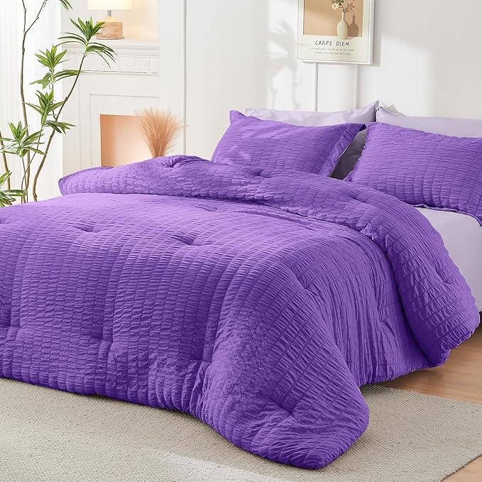 HYMOKEGE Dark Purple/Lavender Twin Comforter Set Seersucker 5 Pieces, All - Image 8