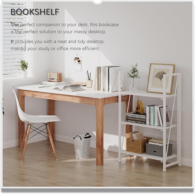 4NM No Assembly Folding Bookshelf Storage Shelves 3 Tiers Vintage Bookcase Standing Racks Study Organizer Home Office (All White)