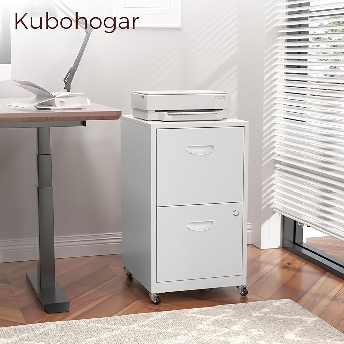 Kubohogar 2 Drawer Mobile File Cabinet with Lock, White Metal Filing Cabinets with Wheels, Vertical Rolling File Cabinet Fit Hanging Files, Letter and A4 Documents