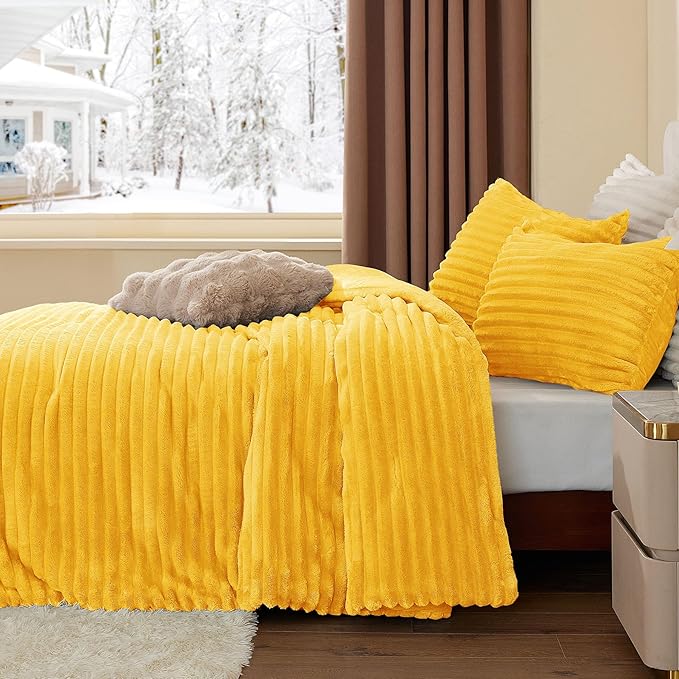 BEDELITE Fleece Queen Comforter Set -Super Soft & Warm Fluffy Bright Yellow - Image 4