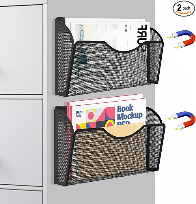 LQPAFZ Magnetic File Holder 2 Pockets File Folder Organizer, Office Hanging Magazine Rack for Refrigerator, White Board, No Drilling Paper Document Holder Mail Organizer for File Cabinets