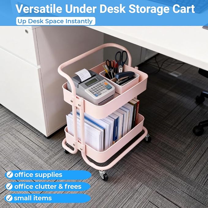 Ufriandz 2 Tier Short Rolling Cart with Wheels All-Metal Pink Pantry Storage for Kitchen,Under Desk Trolley with Handle Small Wheeled Storage Cart for Laundry Room Bathroom, Under Table Small Space