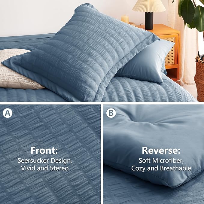 CozyLux Queen Comforter Set Grayish Blue Seersucker 7 Pieces Bed in a Bag Queen - Image 4