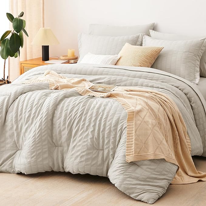 CozyLux Oversized Queen Comforter Set Beige Seersucker 7 Pieces 98x98 Bed in a by CozyLux