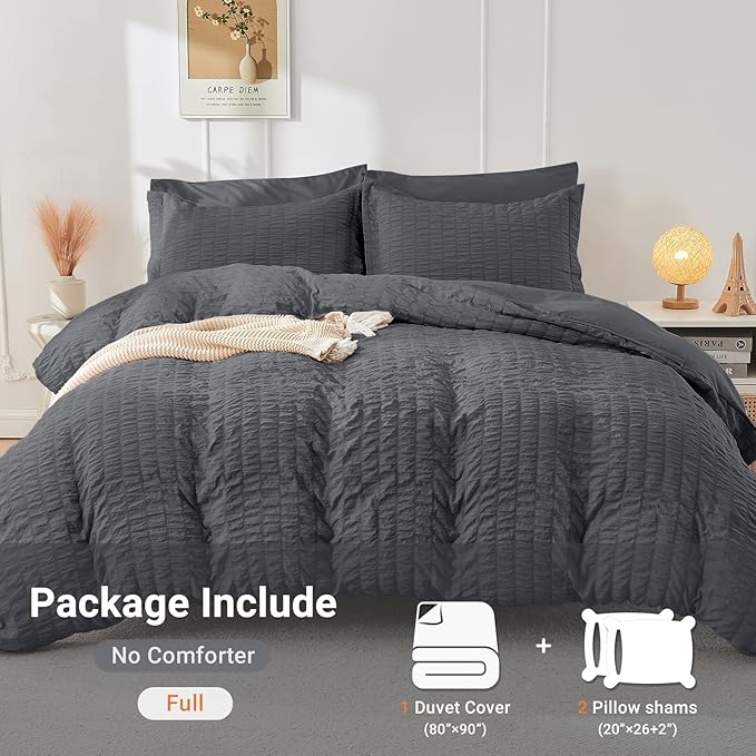 HYMOKEGE Dark Grey Duvet Cover Full Size, Ultra Soft 3-Piece Seersucker Duvet - Image 6