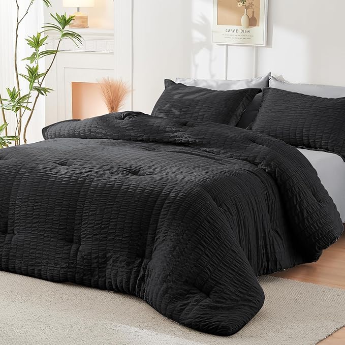 HYMOKEGE Black/Light Grey Queen Comforter Set Seersucker 7 Pieces, All Season - Image 8