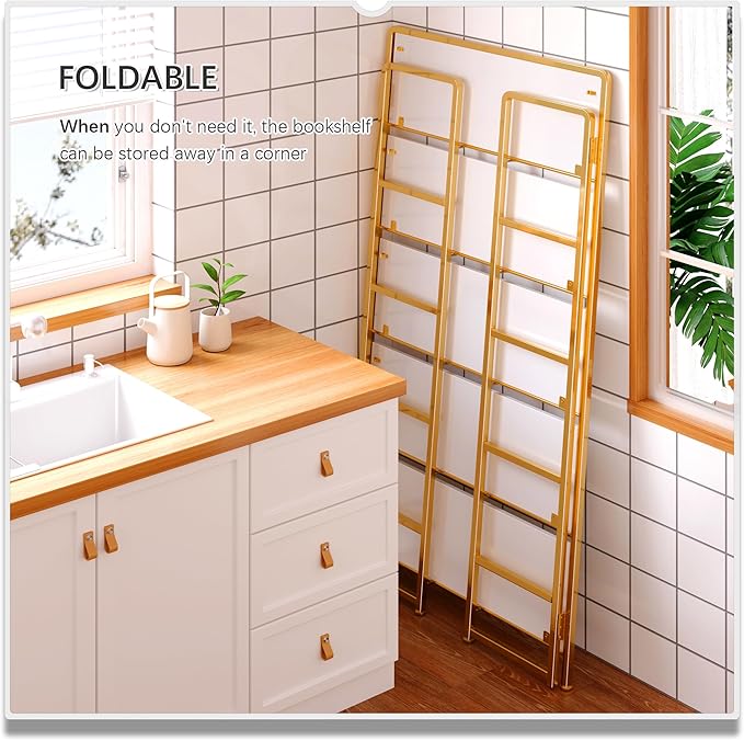 4NM No Assembly Extra Wide 5 Tiers Folding Bookshelf Storage Shelves Vintage Bookcase Standing Racks Study Organizer Home Office (White Gold)