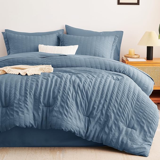 CozyLux Queen Comforter Set Grayish Blue Seersucker 7 Pieces Bed in a Bag Queen - Image 9