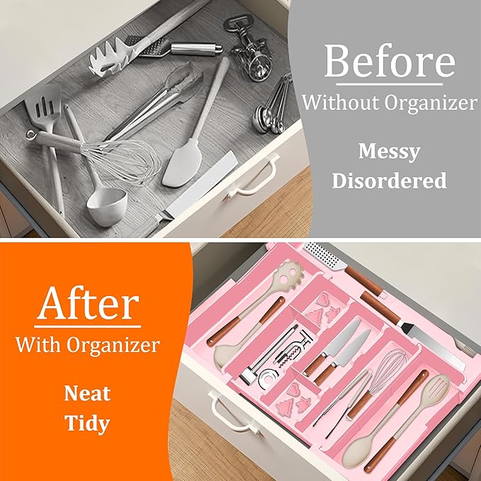 Spaclear Large Utensil Drawer Organizer Expandable Silverware Organizer for Kitchen Drawer Adjustable Cooking Utensil Holder Cutlery Flatware Tray Spatula Tools Gadgets Storage Dividers Plastic Pink