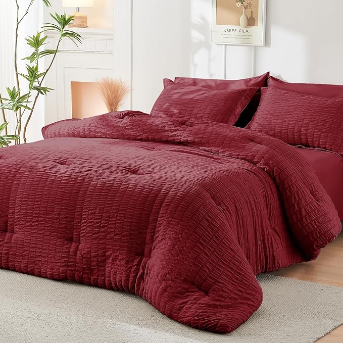 HYMOKEGE Burgundy Twin Comforter Set Seersucker 5 Pieces, All Season Luxury Bed - Image 8