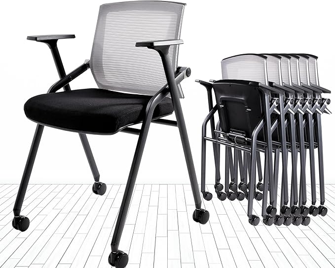 BLANEDUO Conference Room Chairs, Folding Office Desk Chair with Lumbar Support and Sliding Armrest, Stackable Office Guest Chairs & Reception Chairs 20 Pack with Wheels