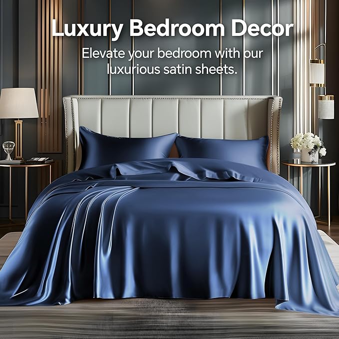 BEDELITE King Size Sheets Set, Luxury Soft Navy Satin Sheets - Image 2