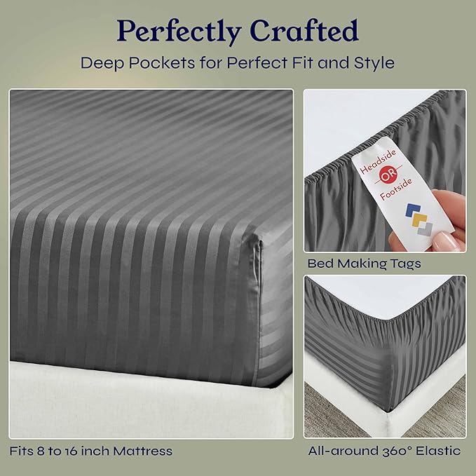 California Design Den Cotton Sateen Damask Stripe Queen Fitted Sheet Only - Image 6