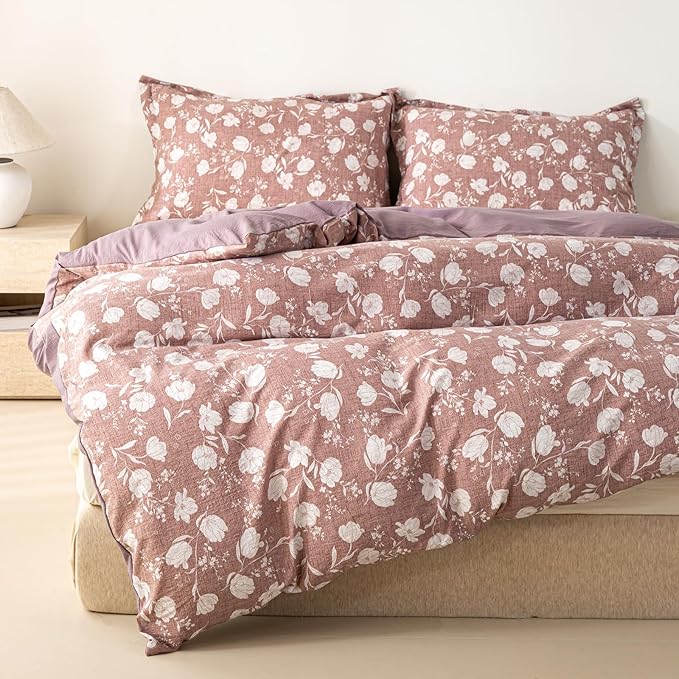 OAITE Purple Flower King Size Duvet Cover-3 Pieces Prewashed Cotton-Like - Image 3