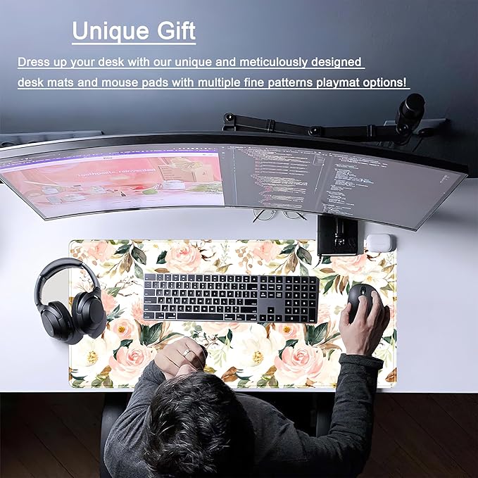 Desk Mat Pink Floral Desk Pad Cute Flowers Mouse Pad Gaming XL Large Mousepad Green Leaves Desk Matt for Desktop, Computer Laptop Keyboard Mouse Mat for Women Office Decor Accessories 31.5x15.7 in