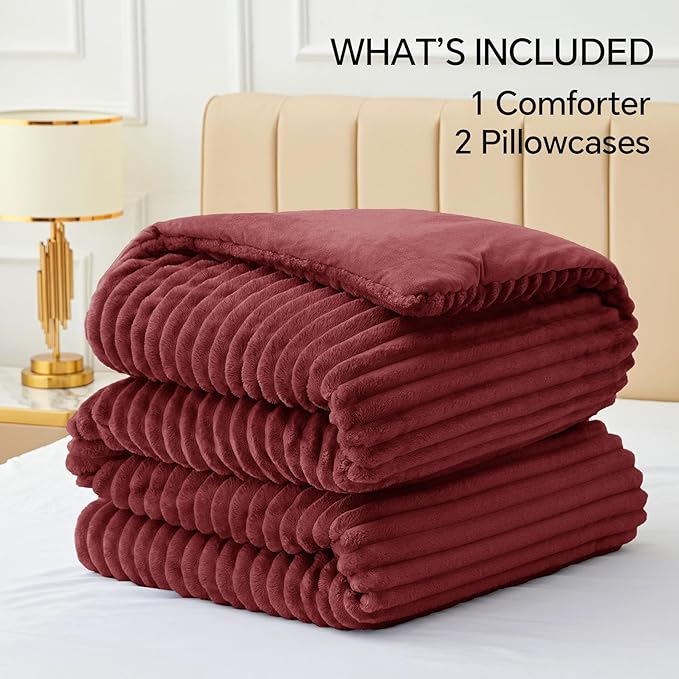 BEDELITE Fleece Queen Comforter Set -Super Soft & Warm Fluffy Burgundy Bedding - Image 9