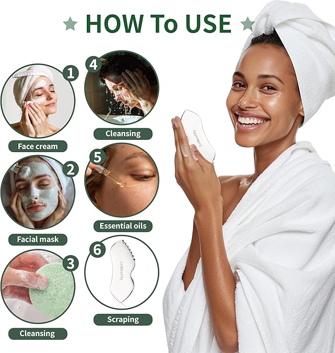 LeMeeOly Gua Sha Facial Tools Stainless Steel & Compressed Facial Sponges - Image 3