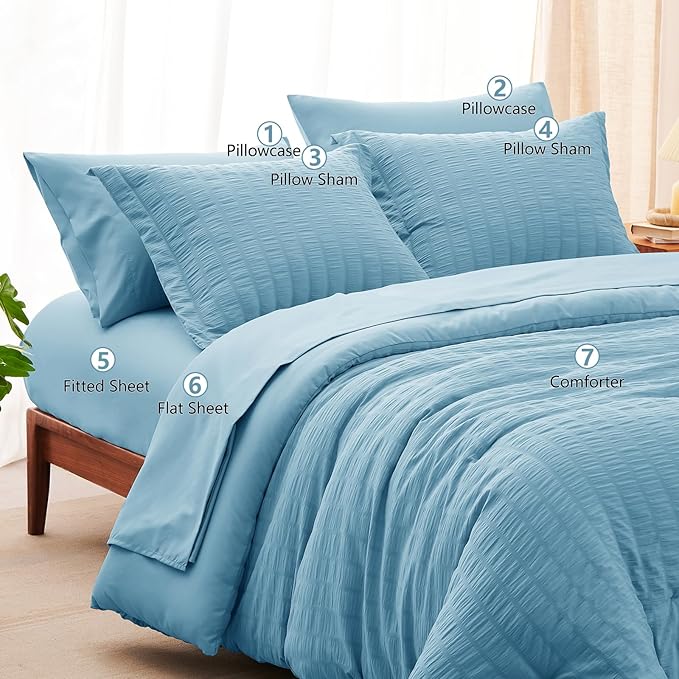 CozyLux King Size Comforter Set Sky Blue Seersucker 7 Pieces Bed in a Bag King - Image 8