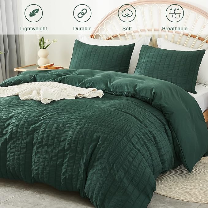 AveLom Dark Green Seersucker Duvet Cover Set Full Size, 3 Pieces, Ultra Soft - Image 2