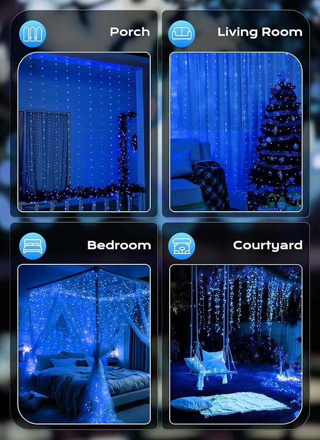 Brightown 300 LED Blue Fairy Curtain Lights, 9.8ft x 9.8ft String Lights - Image 7