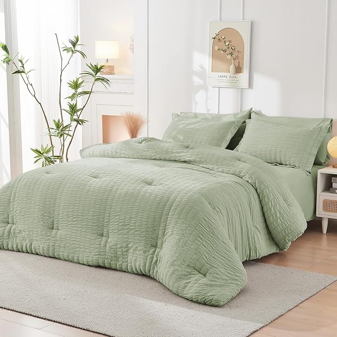 HYMOKEGE Light Green Full Size Comforter Sets Seersucker 7 Pieces, All Season - Image 7
