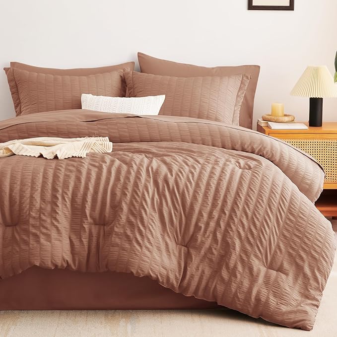 CozyLux King Size Comforter Set Mocha Mousse Seersucker 7 Pieces Bed in a Bag - Image 9