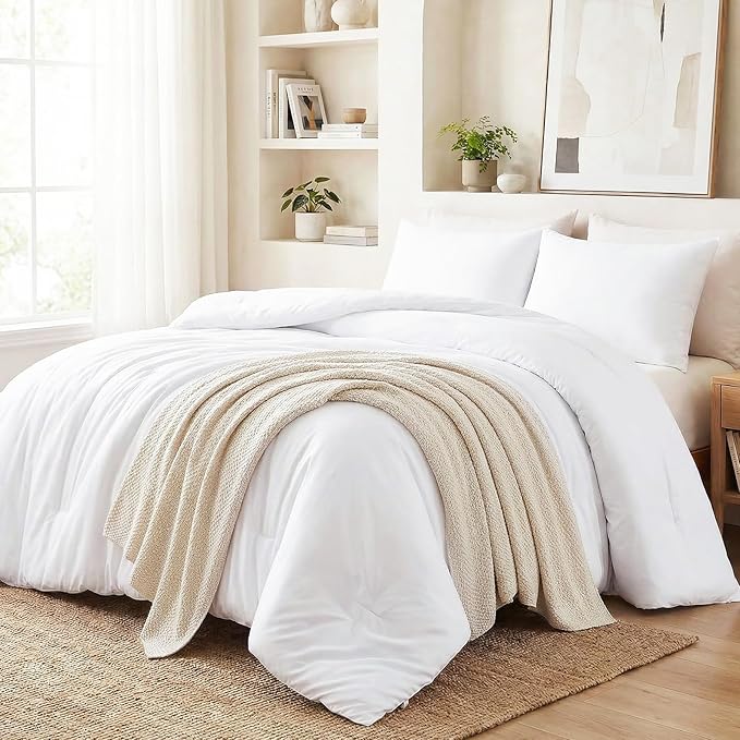CozyLux Oversized Queen Comforter Set White, 3 Pieces 98x98 Solid Breathable - Image 6