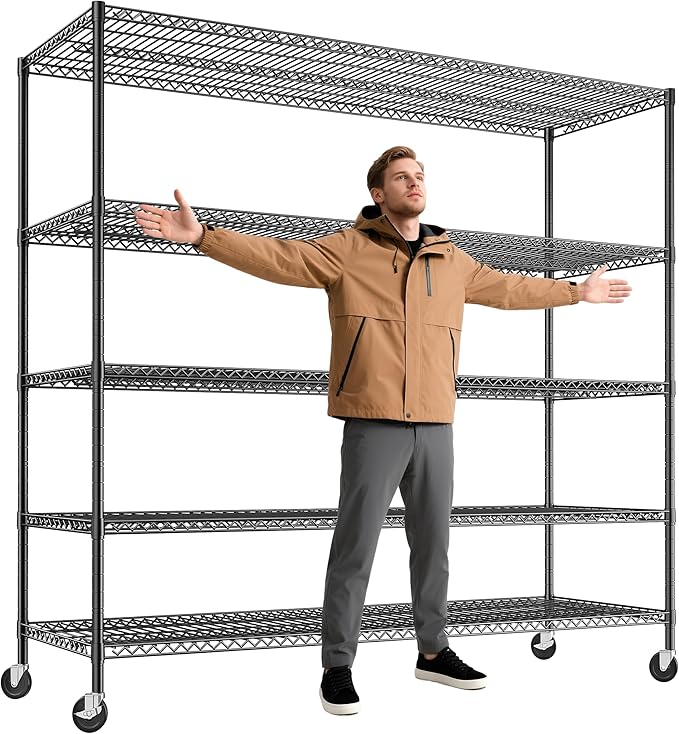REIBII 85.7"H Garage Shelving 2998LBS Storage Shelves with Wheels&Feet,5 Tier Garage Shelves Heavy Duty Adjustable Wire Shelving for Basement Commercial Industrial Pantry, 85.7"H X 55.5"W X 24.2"D