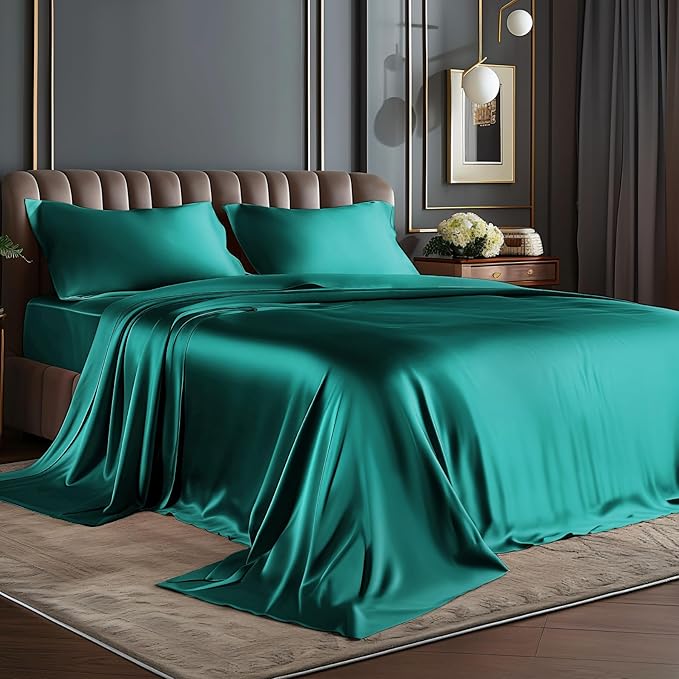 BEDELITE Satin Sheets Twin Size Bed Set, Luxury Soft Teal Silky Sheets by BEDELITE