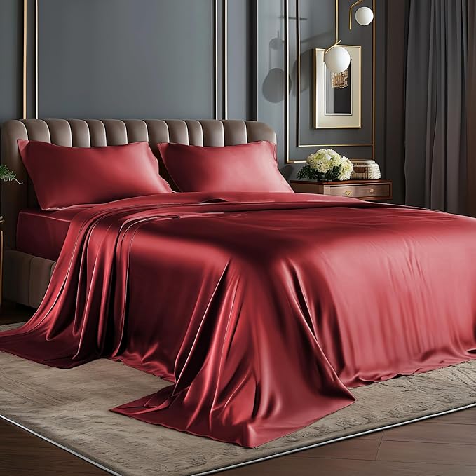 BEDELITE Satin Sheets Full Size Bed Set, Luxury Soft Burgundy Silky Sheet by BEDELITE
