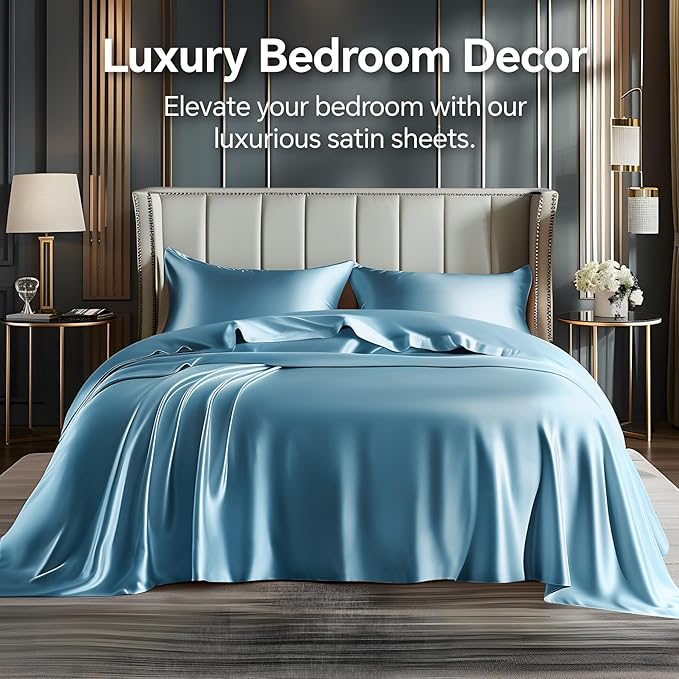BEDELITE Satin Sheets Queen Size Bed Set, Luxury Soft Airy Blue Silky Sheets - Image 2