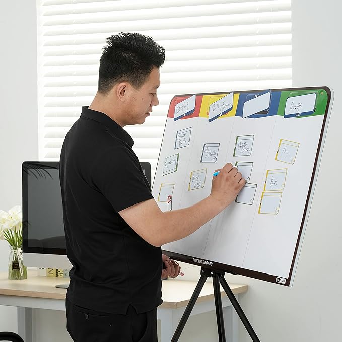 PMXBOARD Magnetic Kanban & Scrum Board – Lightweight Agile Whiteboard with Customizable Headlines | Project Planning Board for Home, Office & School | Includes Easel, Markers, Eraser & Wall Mount Kit