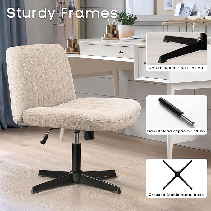 PUKAMI Criss Cross Chair,Comfy Cross Legged Office Desk Chair No Wheels,Modern Fabric Swivel Adjustable Height Mid Back Wide Seat for Home Office Computer Makeup Vanity Task(Beige)