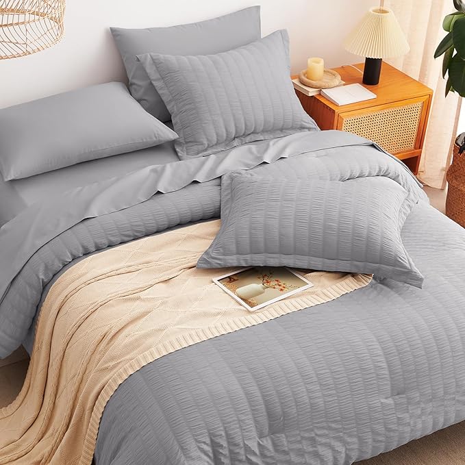 CozyLux King Size Comforter Set Grey Seersucker 7 Pieces Bed in a Bag King - Image 6