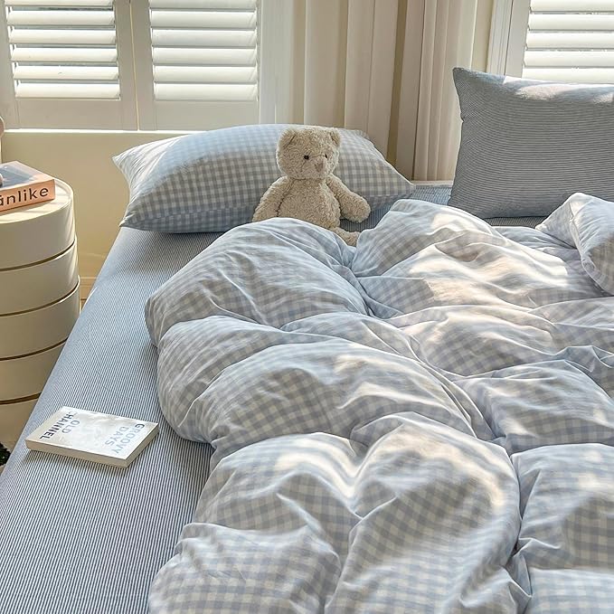 mixinni Light Blue Gingham Duvet Cover Set Full Size - Image 5