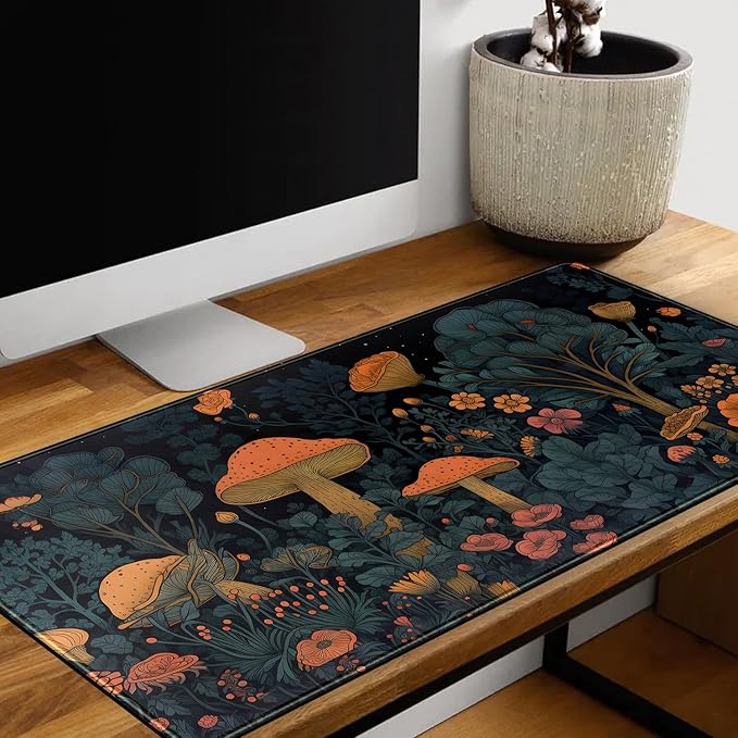 Mushroom Retro Mouse pad Desk Mat Dark Vintage Floral Forest Pad XXL, Aesthetic Botanical Desk Pad Office Desk Decor Accessories Mousepads for Laptop Computer Keyboard Mat 31.5x15.8 in