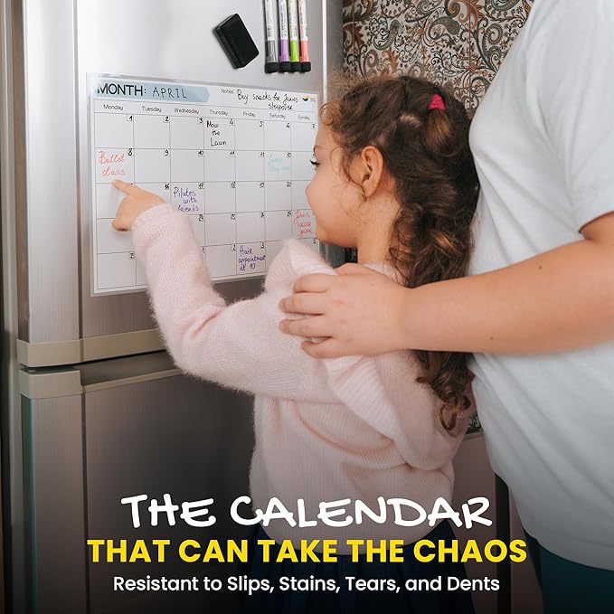 Monthly Magnetic Calendar for Refrigerator - 17x12” Stain-Resistant Dry Erase Fridge Calendar Whiteboard with Large Writing Space for Schedules, Chores & Meals - With 4 Markers & Eraser - Monday Start