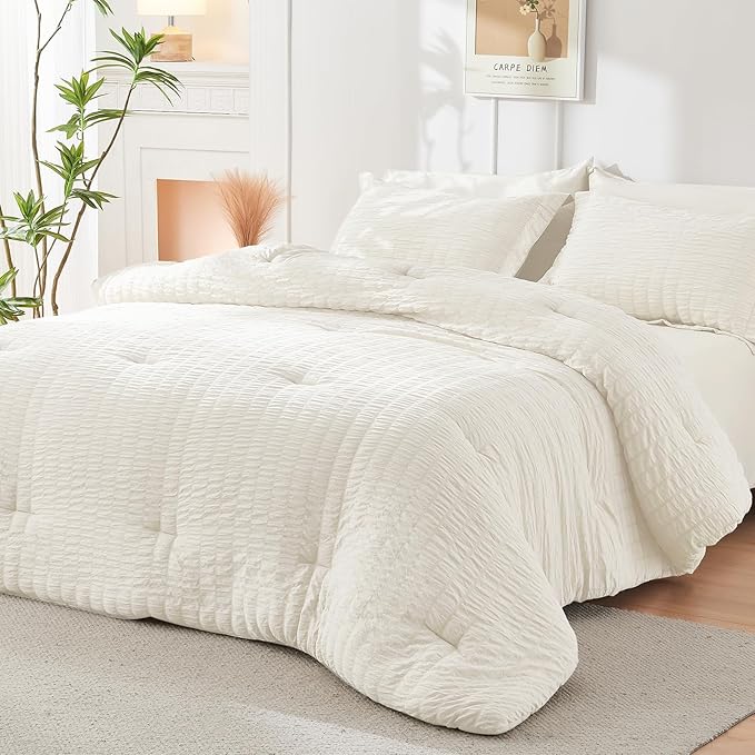 HYMOKEGE Ivory Twin Comforter Set Seersucker 5 Pieces, All Season Luxury Bed in - Image 8