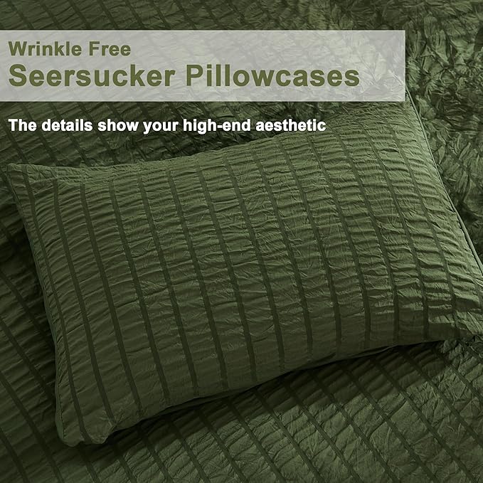 AveLom Dark Olive Green Seersucker Duvet Cover Set Full, 3 Pieces, Ultra Soft - Image 6