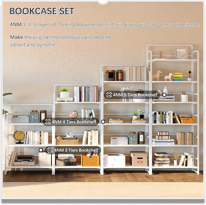 4NM No Assembly 6 Tiers Folding Bookshelf Storage Shelves Vintage Bookcase Standing Racks Study Organizer Home Office (All White)