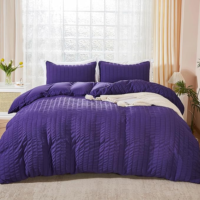 AveLom Dark Purple Duvet Cover King, 3 Pieces, Seersucker Striped Soft Washed by AveLom