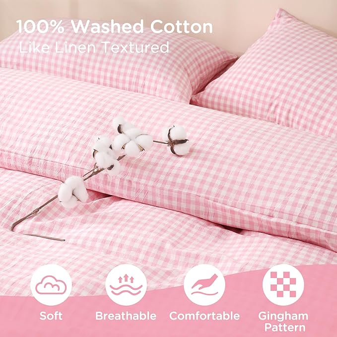 TOCOMOA Pink Gingham Duvet Cover Bedding Set 100% Washed Cotton Like Linen Feel - Image 5
