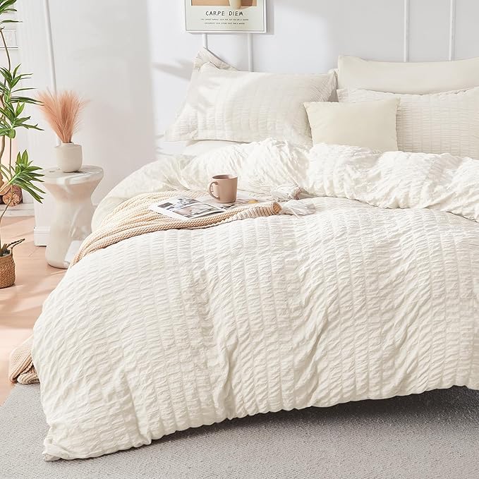 HYMOKEGE Ivory Twin Comforter Set Seersucker 5 Pieces, All Season Luxury Bed in - Image 2