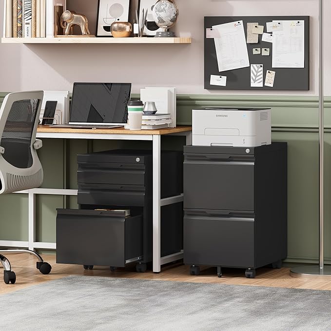 LONGLINK 3 Drawer Mobile File Cabinet with Lock,Under Desk Metal Filing Cabinets with Wheels for Home Office Organizer Letters/Legal/A4(Easy Assemble-Black)