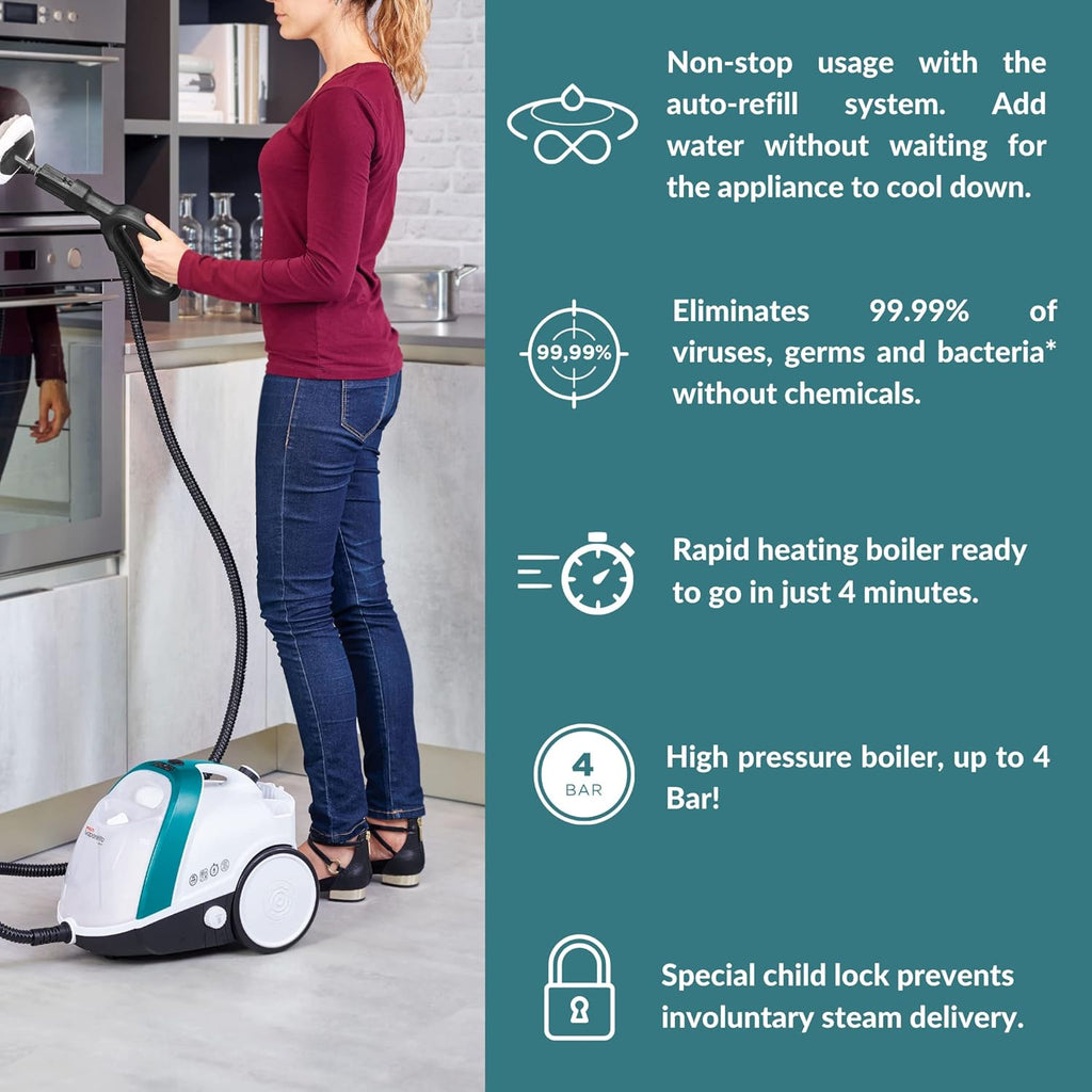 POLTI Vaporetto Smart 100 Steam Cleaner with Unlimited Steam Technology, Sanitize Floors, Carpets and Surfaces Adjustable High Power Steam Pressure Up to 58 PSI with 10 Accessories 1 Year Warranty