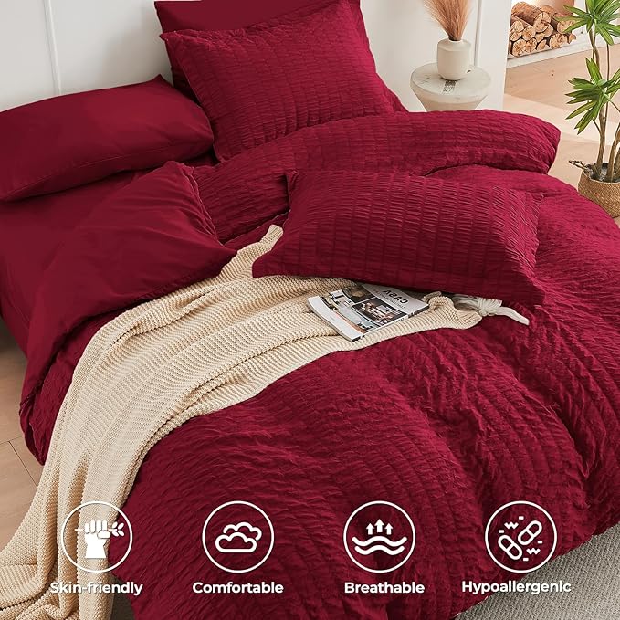 HYMOKEGE Burgundy Duvet Cover King Size, Ultra Soft 3-Piece Seersucker Duvet - Image 2
