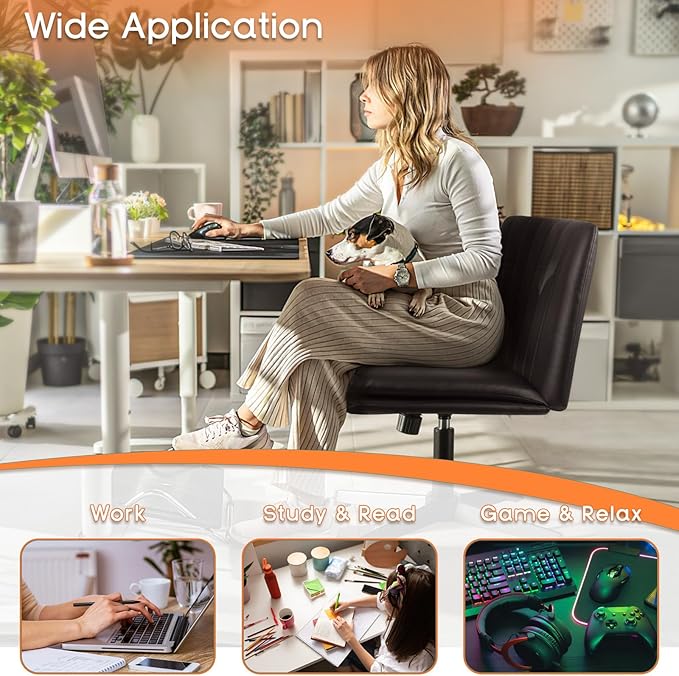 PUKAMI Criss Cross Legged Office Chair,Armless Office Desk Chair No Wheels,PU Leather Modern Swivel Vanity Chair,Height Adjustable Wide Seat Mid Back Computer Task Chair for Home Office, Brown