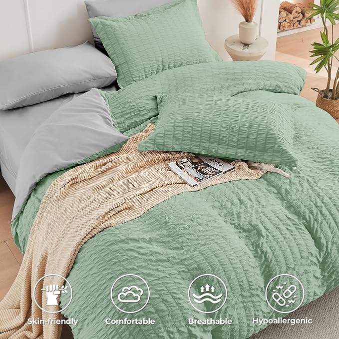 HYMOKEGE Sage Green/Light Grey Twin Comforter Set Seersucker 5 Pieces, All - Image 3